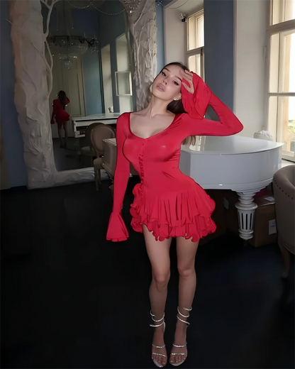 V-Neck Ruffle Hem Asymmetrical Button Mini Dress