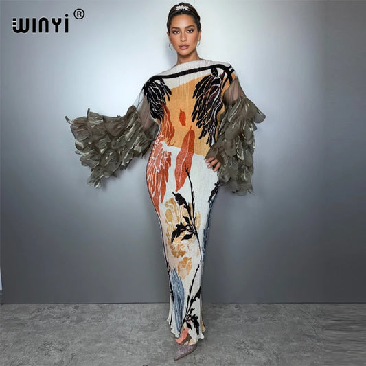 WINYI Elastic slim pleated dress beach cover up boho kaftan abaya dubai luxury party dress long down muslim woman evening dress