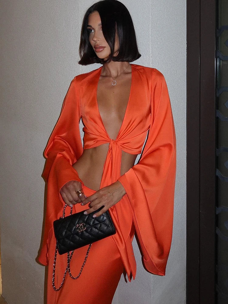 Deep V-Neck Flare Sleeve Two-Piece Set