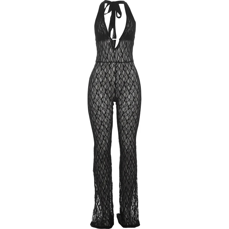 Weird Puss Sexy Mesh Halter Jumpsuit Women Backless Skinny Low-Neck Midnight Birthday Party Clubwear Activity Workout Overalls