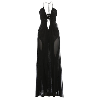 Halter Chain Ruched Mesh Maxi Dress