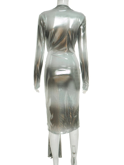 Gradient Silky V-Neck Split Bodycon Dress