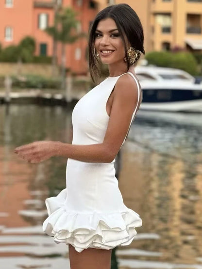 HXAO White Short Dress Ruffle Backless