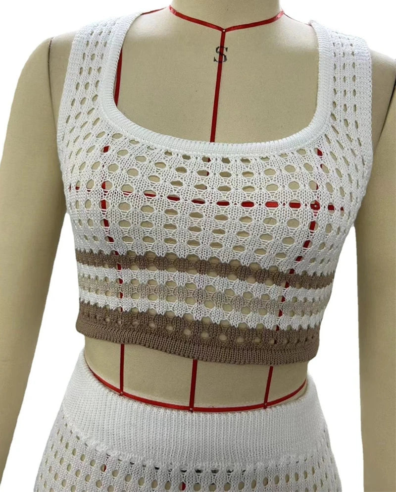 Women's Crochet Swimsuit, Beach Cover Up Knit Dress, Striped Swimwear, Bikini Cover-up, Sexy Crop Top and High Waist Skirt, 2 Pc