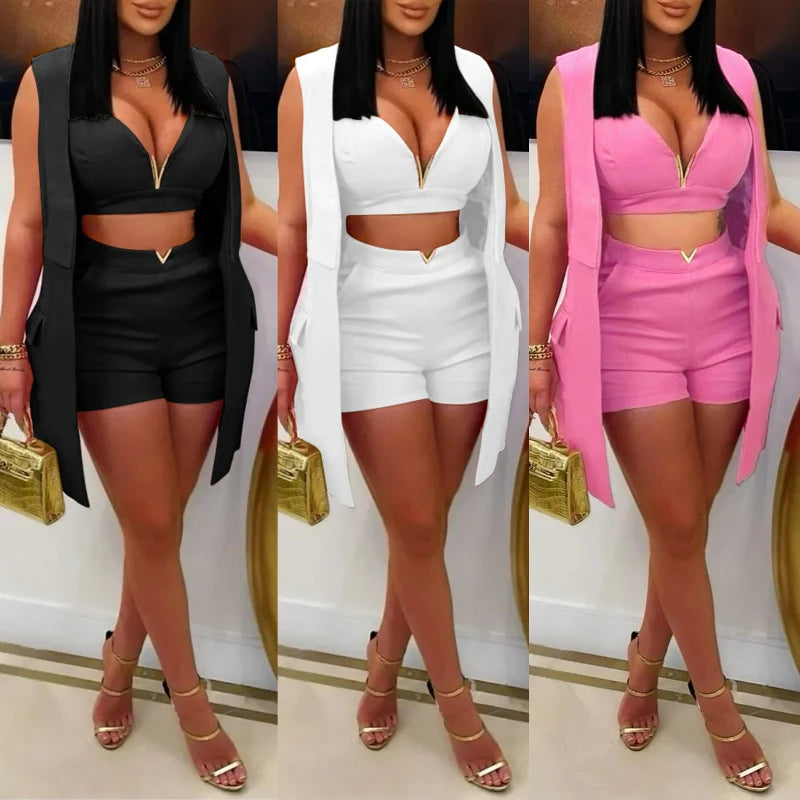 Three-Piece Blazer Vest & Shorts Set