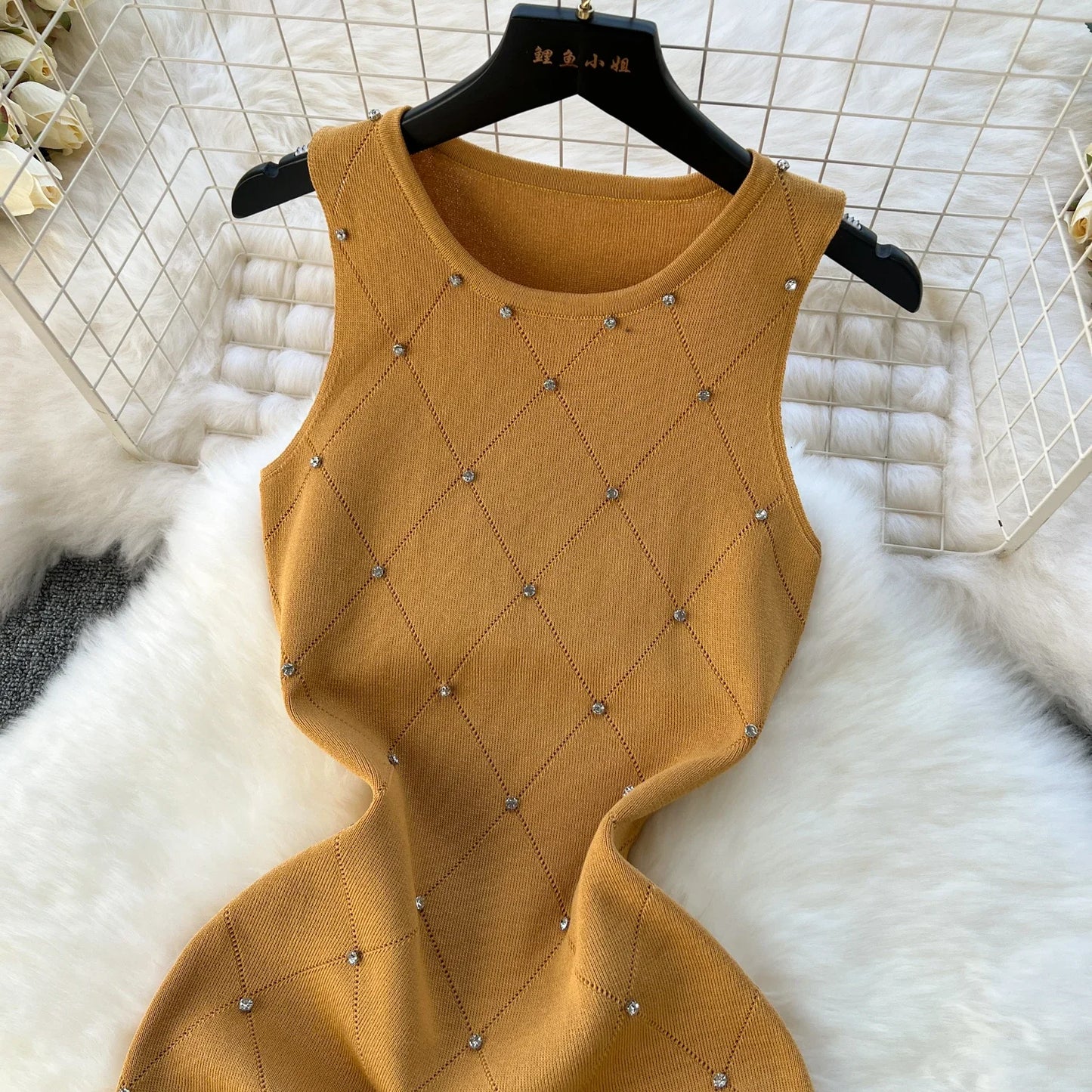 Beading  Summer Women's Knitting Sheath Tank Dress Female Bodycon Knitted Camisole Sleeveless Mini Dresses For Woman Outfits