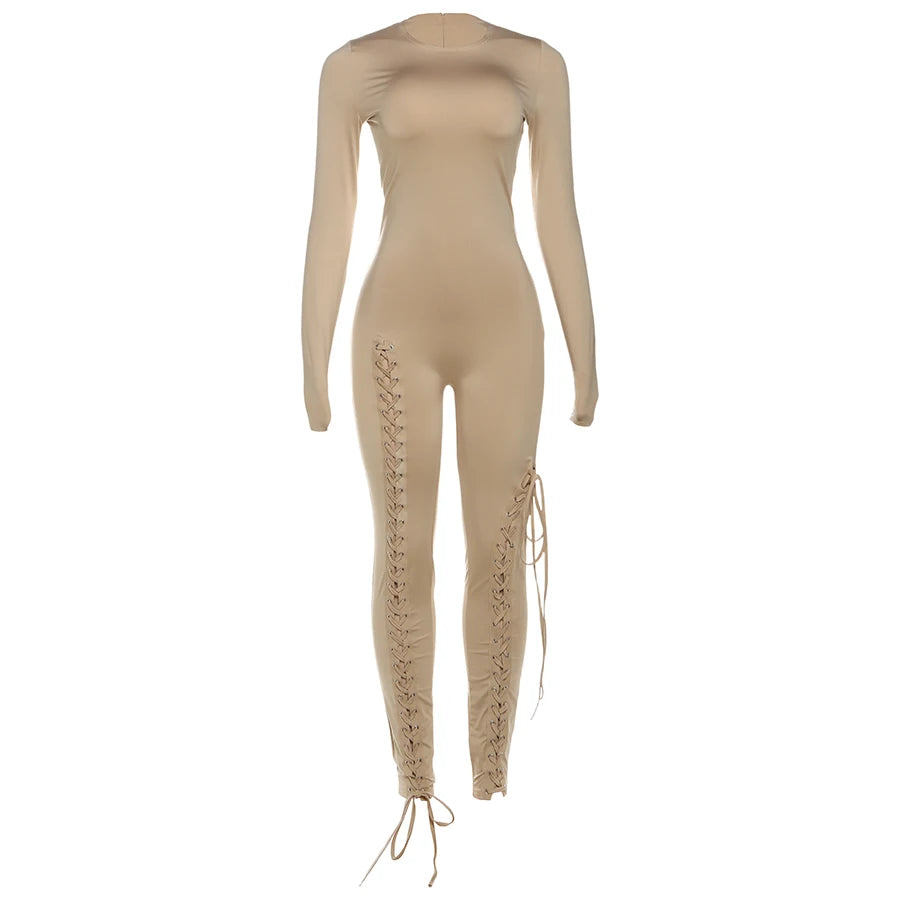 Weird Puss Sexy Fall Jumpsuits Women Diy Shirring o-Neck Full Sleeve Midnight Party Club Stretch Activity Fitness Slim Overalls