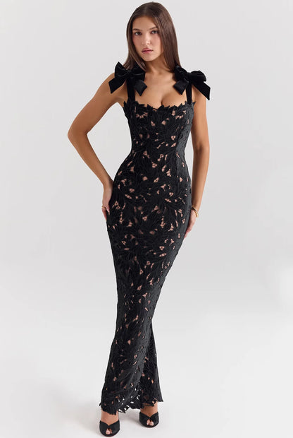 Black Embroidery Lace Dress Bow Strap
