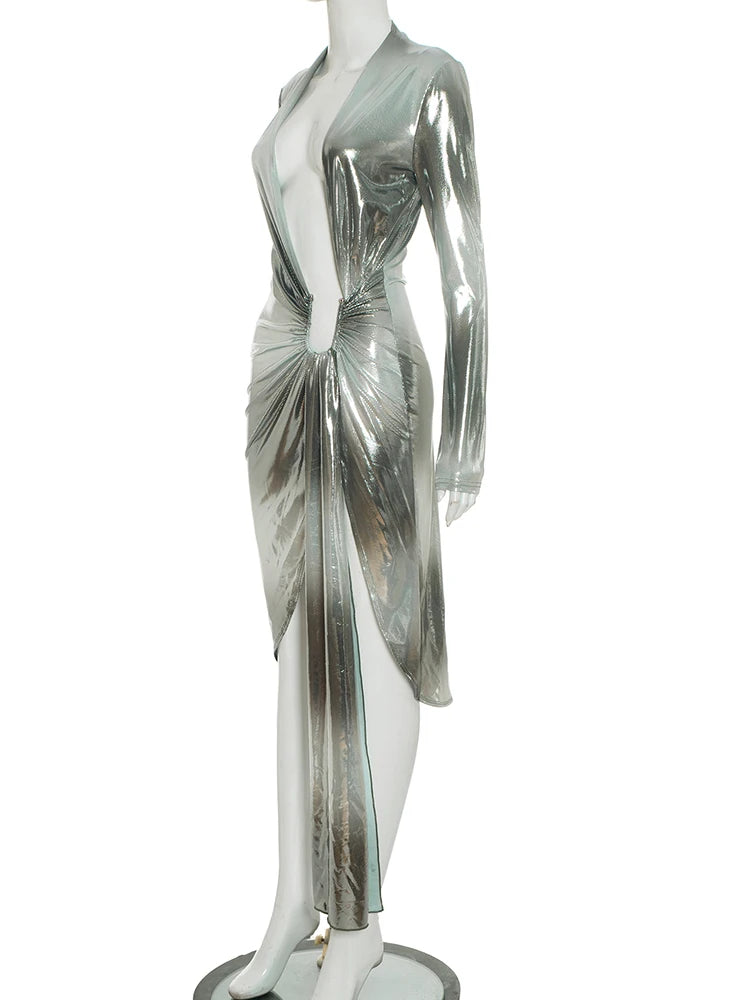 Weird Puss Sexy Silky Split Dress Women Irregular Ribbon Gradient Color Deep V-Neck Coquette Hottie Street Elegant Slim Bodycon