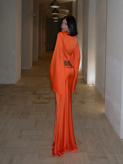 Deep V-Neck Flare Sleeve Two-Piece Set