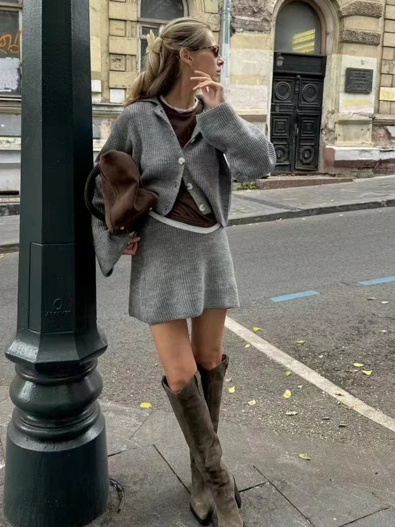 DGLUKE Burgundy Knitted Cardigan And Skirt Sets Women 2 Piece Outfit Fall Winter Sweater Matching Set Fashion Festival Outfits