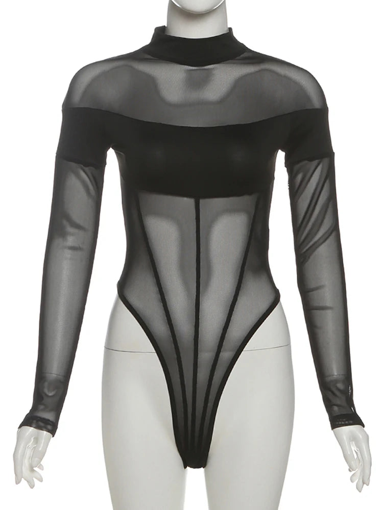 Mesh Patchwork Long Sleeve Sheer Bodysuit
