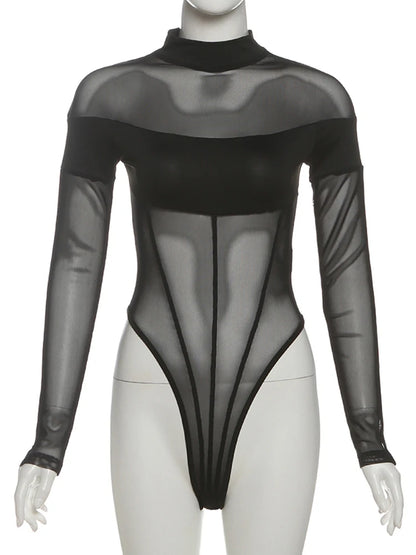Mesh Patchwork Long Sleeve Sheer Bodysuit