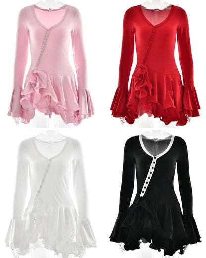 Ruffled V-Neck Button Mini Dress