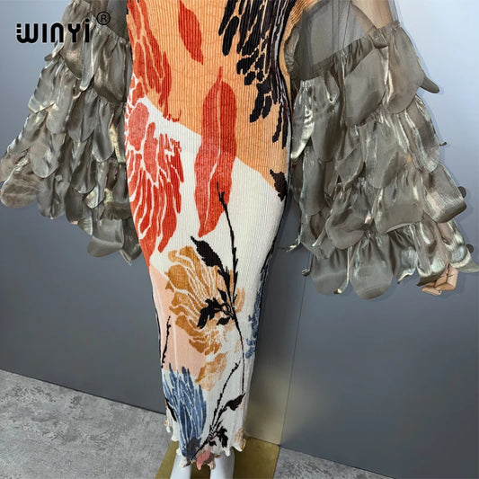 WINYI Elastic slim pleated dress beach cover up boho kaftan abaya dubai luxury party dress long down muslim woman evening dress