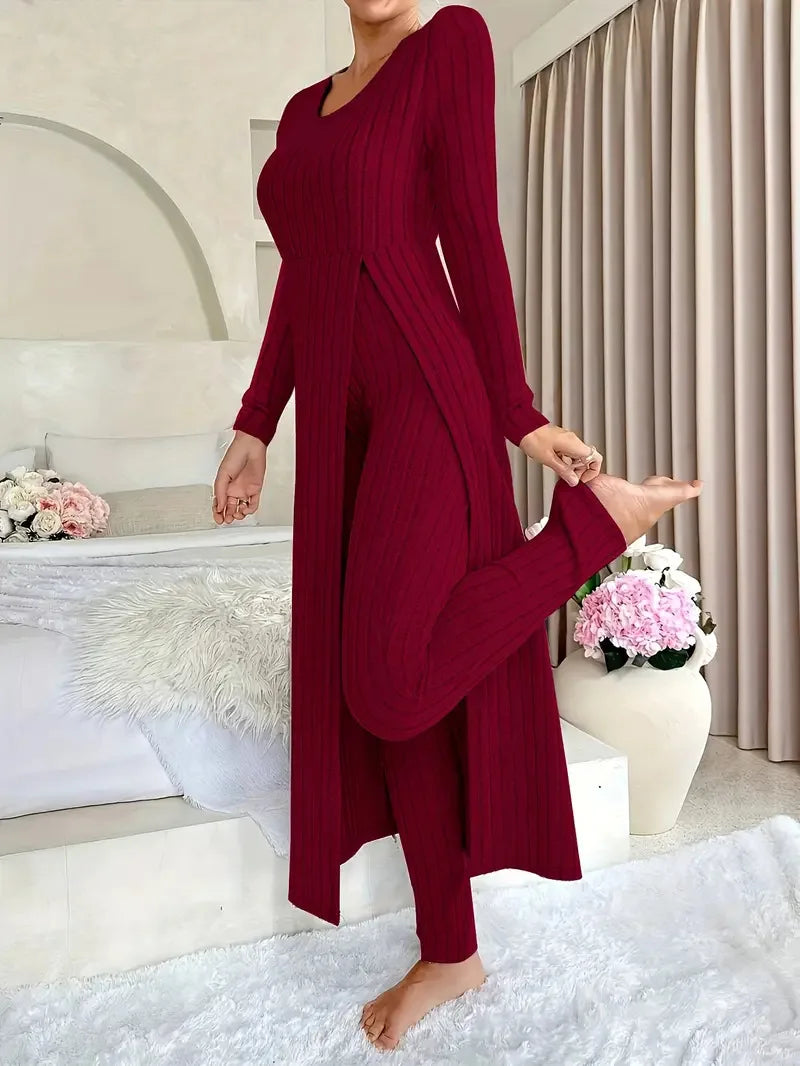 Solid Round Collar Slit Top and Trousers Set