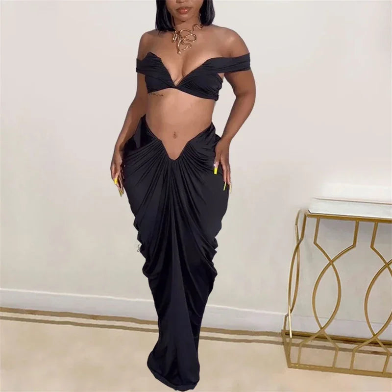 Sexy Party Night Ruched Maxi Dress Sets for Women Two Piece Set Sexy Club Outfits Slash Neck Crop Top + Long Skirt Matching Sets