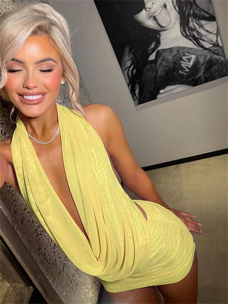 kliou Mesh Swinging Pleated Women 2 Piece Set Summer Solid Simple Halter Backless Chic Tops+Shirring Mini Skirts Coordinate Suit