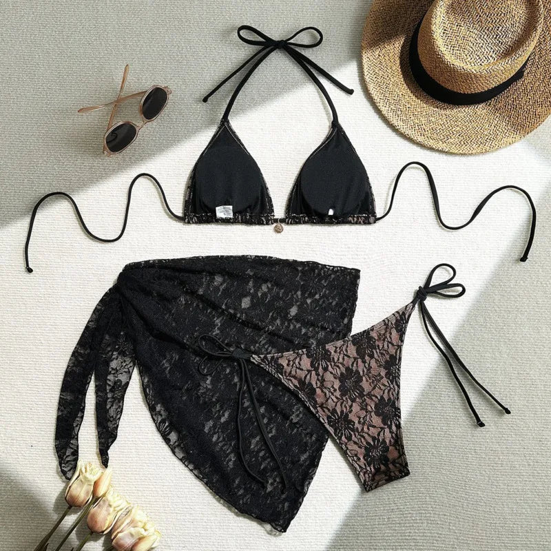 Contrast Lace Three-Piece Bikini Set