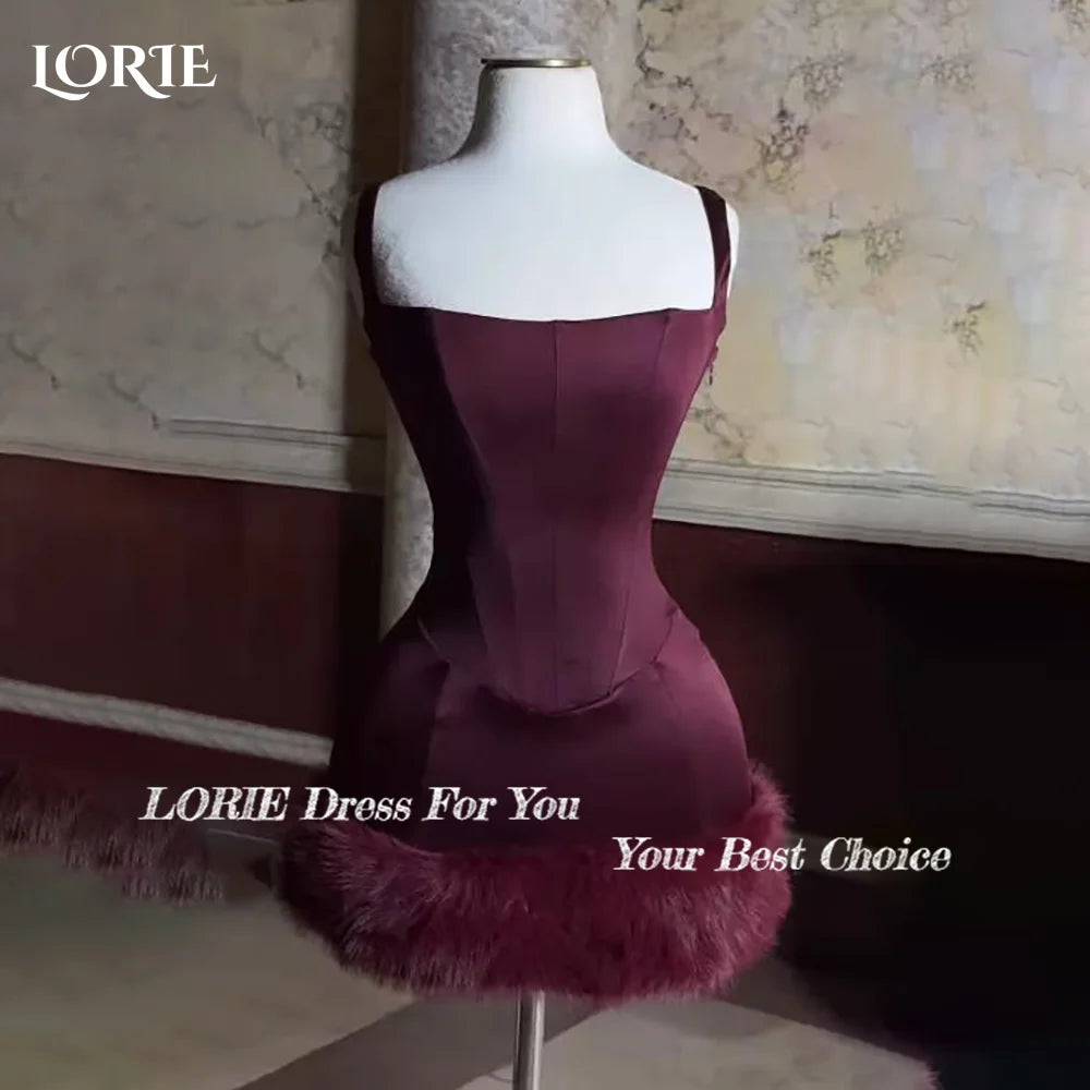 LORIE Burgundy Mini Cocktail Party Gowns Sexy Spaghetti Straps Fur Square Neck Dubai Evening Dresses Saudi Arabia Clubbing Dress