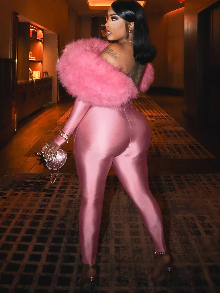 Nibber Hollow Slash Neck Jumpsuits Woman Furry Patchwork Autumn New Trend Sexy Navel Exposed Skinny Peach Hip Hottie Clubwear