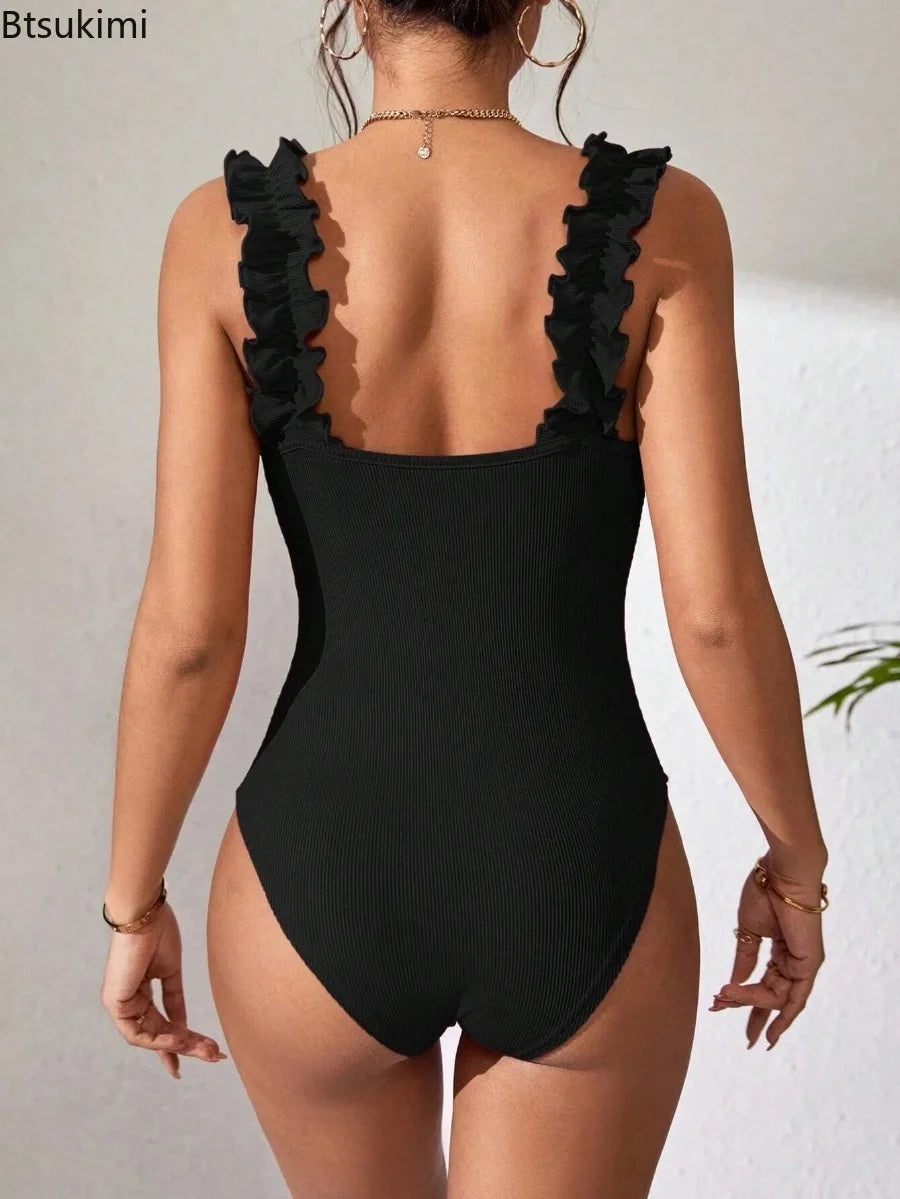 Bodysuits Square Collar Solid Black Knit