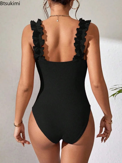 Bodysuits Square Collar Solid Black Knit