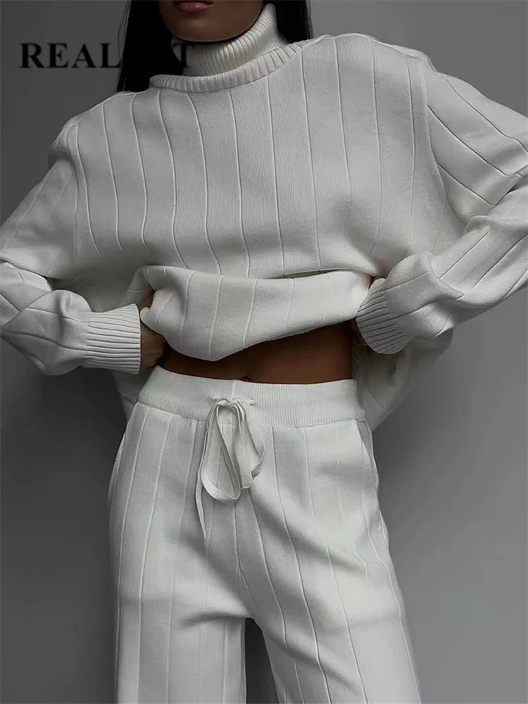 REALEFT White Sets Knitted Tracksuit Turtleneck