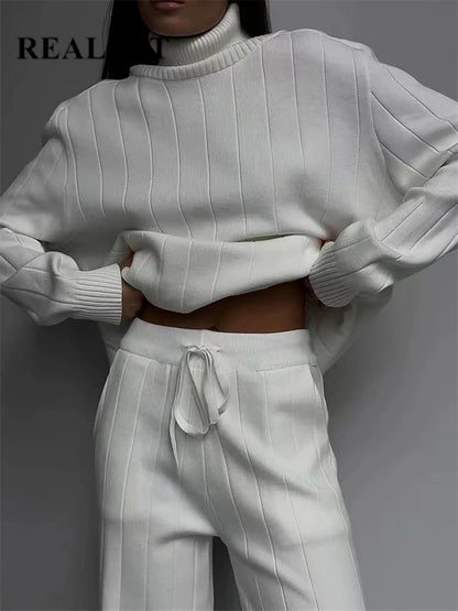 REALEFT White Sets Knitted Tracksuit Turtleneck