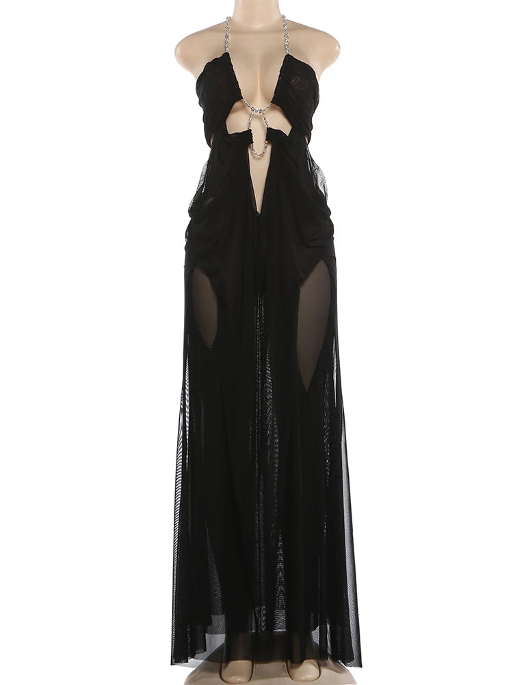 Weird Puss Sexy See Through Dress Women Sexy Halter Chain Backless Irregular Ruched Patchwork Vacation Birthday Party Clubwear
