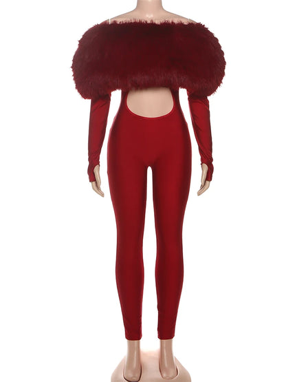 Feather Trim Slash Neck Jumpsuit