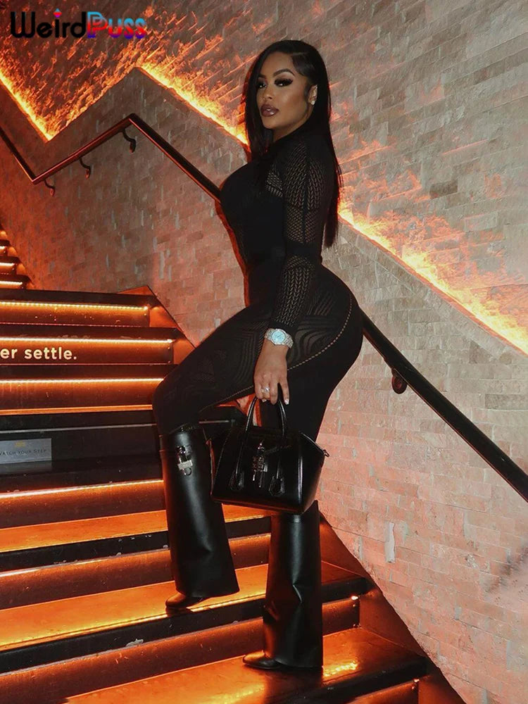 Weird Puss See Through Women Jumpsuits Long Sleeve Hollow Out Hot Girls Sexy Nightclub Dance Party Body-Shaping Coquette Outfits