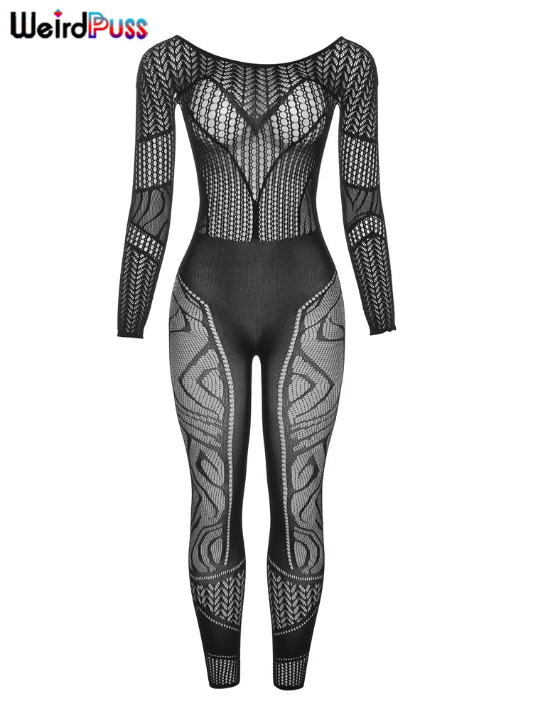 Weird Puss See Through Women Jumpsuits Long Sleeve Hollow Out Hot Girls Sexy Nightclub Dance Party Body-Shaping Coquette Outfits