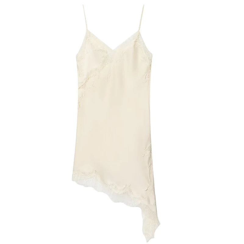 Black Satin Asymmetrical Lace Slip Dress
