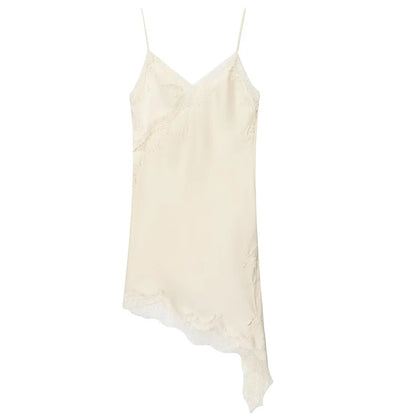 Black Satin Asymmetrical Lace Slip Dress