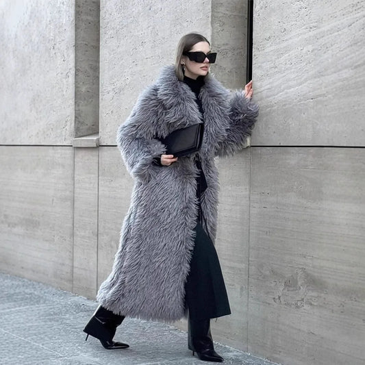 Faux Fur Long Coats Y2k Thick