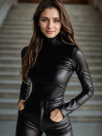 Fuax Leather PU Tops Turtleneck Long
