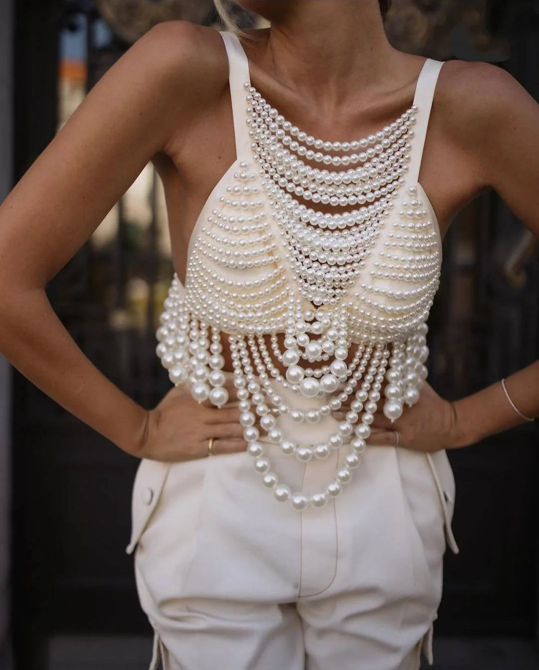 Pearl Beading Tops Wpmen V-neck Handmade