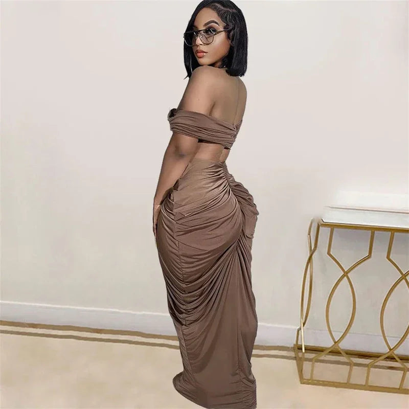 Sexy Party Night Ruched Maxi Dress Sets for Women Two Piece Set Sexy Club Outfits Slash Neck Crop Top + Long Skirt Matching Sets