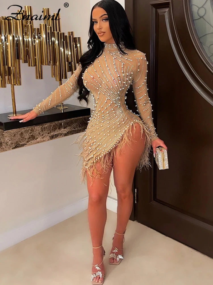 Feather & Rhinestone Mesh Party Dress