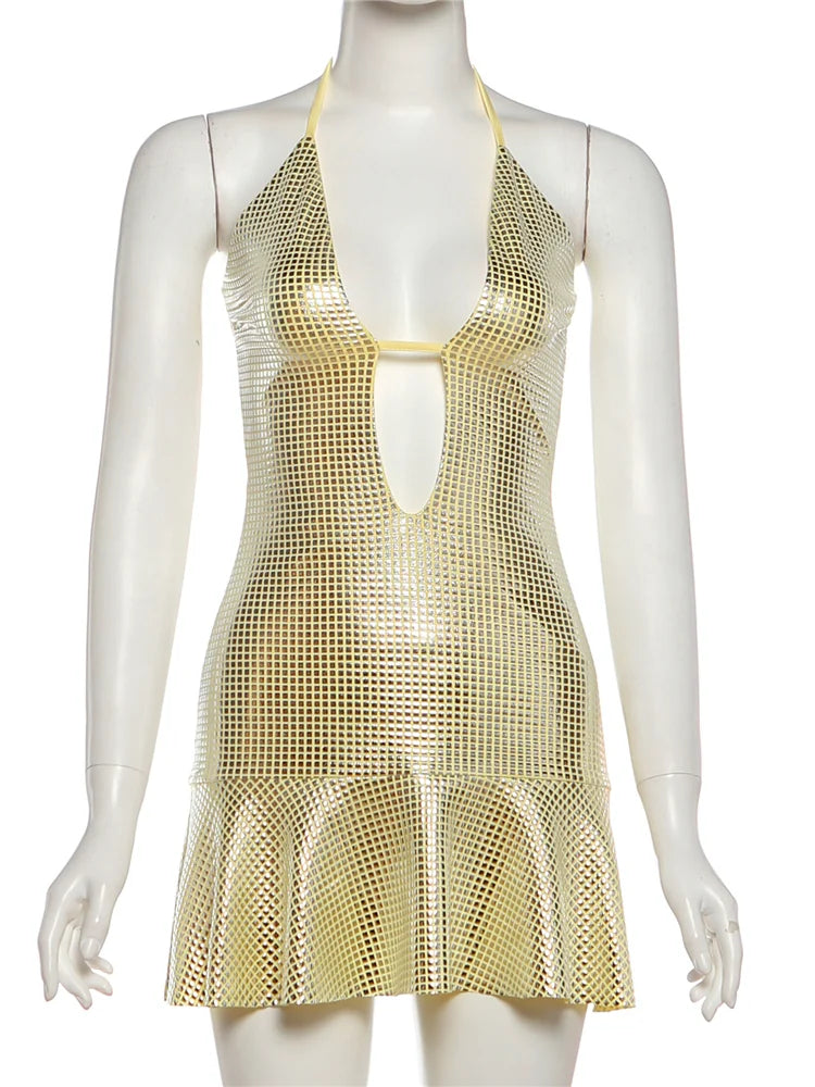 Weird Puss Sequin Patch Dress Women Sexy Deep V-Neck Patchwork Hem Chest Wrapped Stretch Sleeveless Clubwear Birthday Bodycon