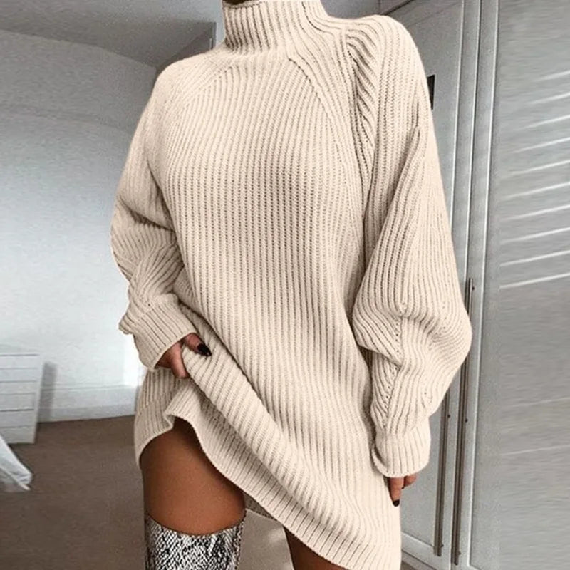 Turtleneck Oversized Knitted Dress Solid Long