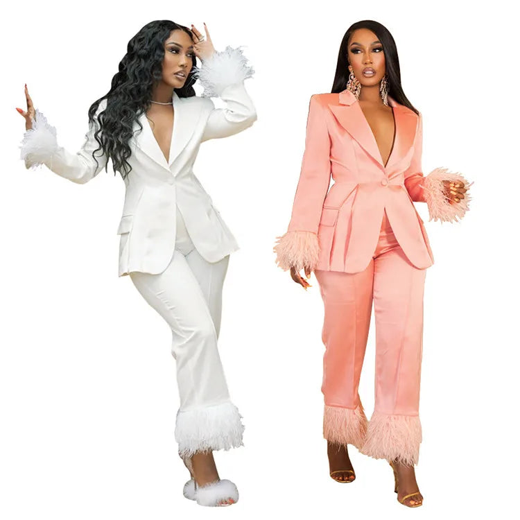 Feather Patchwork Top and Pants Two-Piece Set