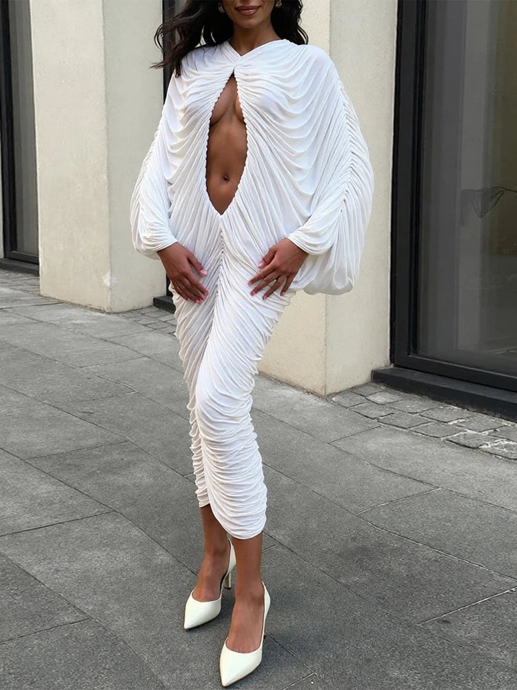 Weird Puss Hollow Ruched Patchwork Dress Peach Buttocks Bat Sleeves Chic Hipster Autumn Hipster Clubwear Skinny Stretch Vestidos