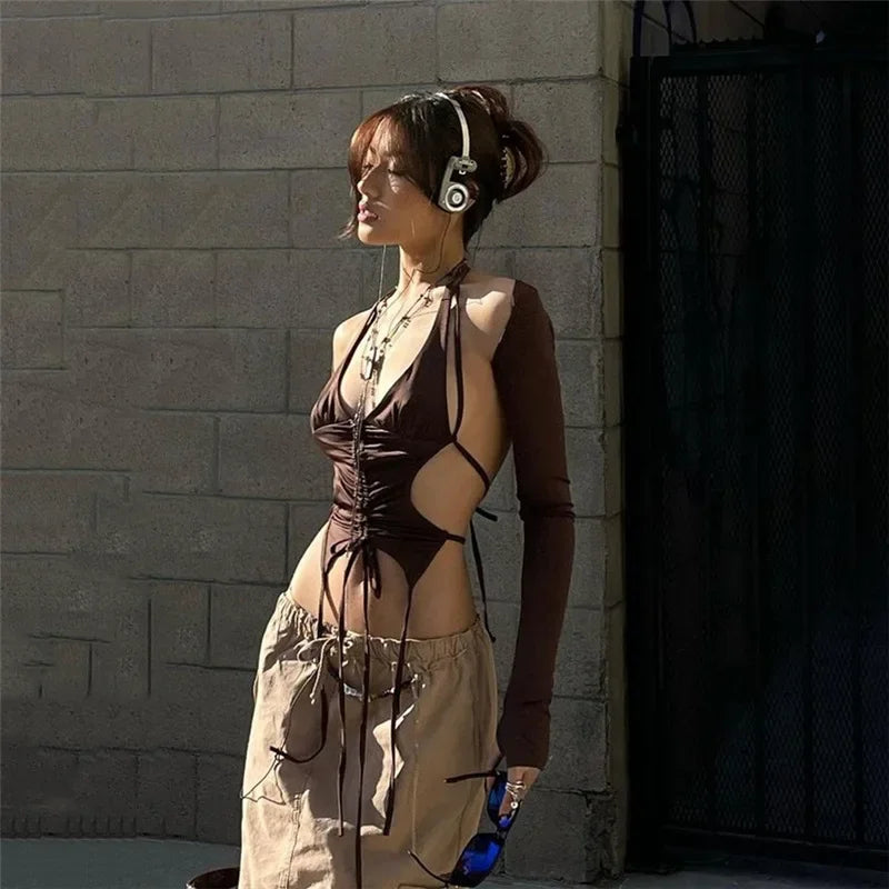 2025 New Dark Y2k Punk Drawstring Bandage Sexy Camis Techwear Backless Long Sleeve Crop Tops Women's Bodycon Summer Streetwear