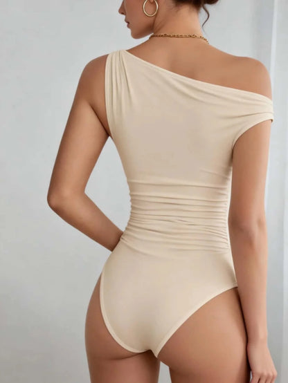 One-Shoulder Ruched Gold-Buckle Bodysuit