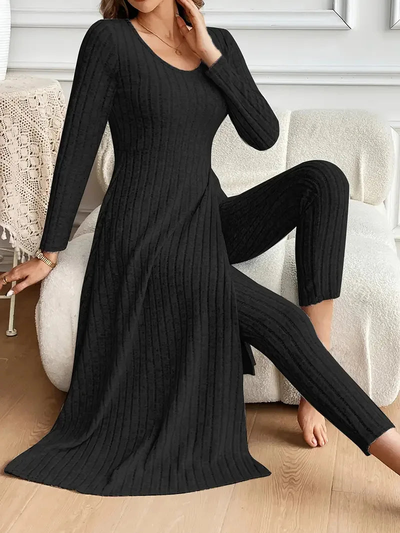 Solid Round Collar Slit Top and Trousers Set