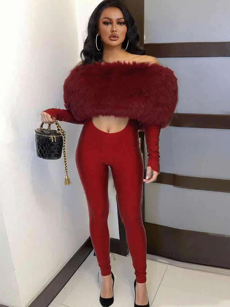 Nibber Hollow Slash Neck Jumpsuits Woman Furry Patchwork Autumn New Trend Sexy Navel Exposed Skinny Peach Hip Hottie Clubwear