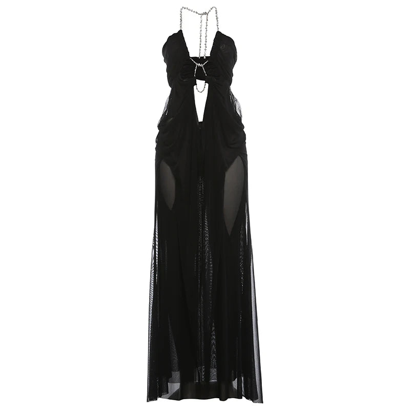 Nibber Prom Party Gown Dress Woman Sexy See Through Luxury Chain Halter Low-Neck Backless Sleeveless Midnight Elegant Vestidos