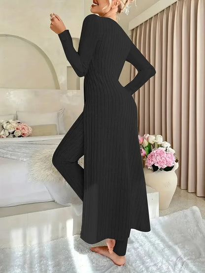 Solid Round Collar Slit Top and Trousers Set